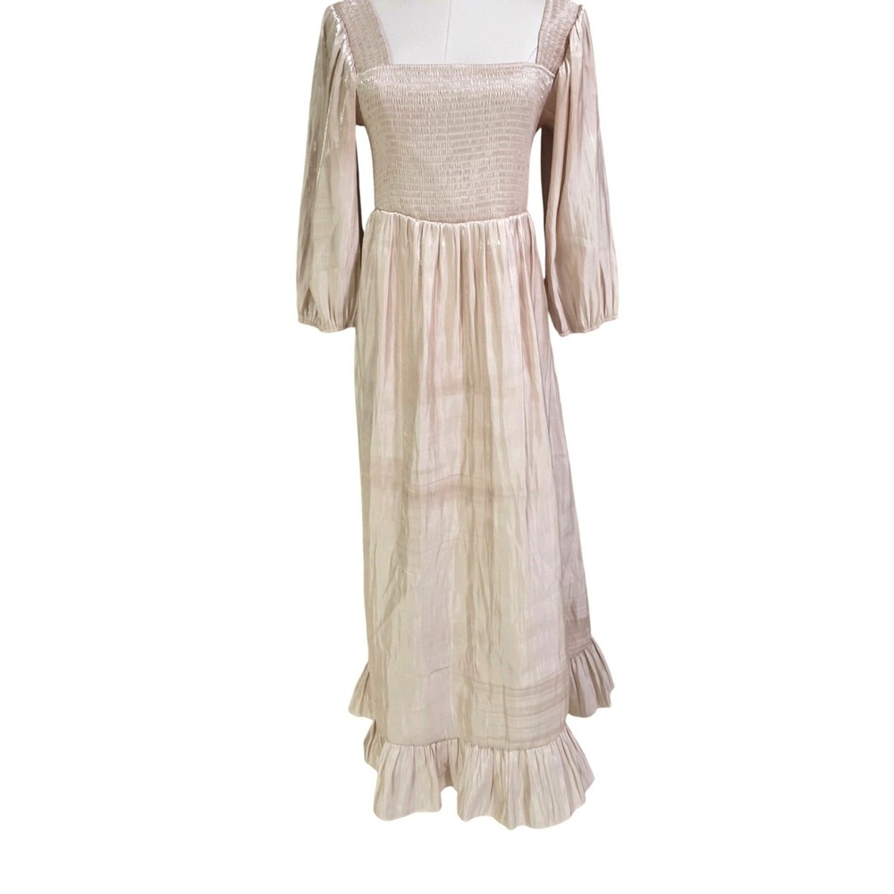 Sugar Lips Maxi Dress Womens Medium Champagne Excellent Smocked Metallic‎ Ruffle